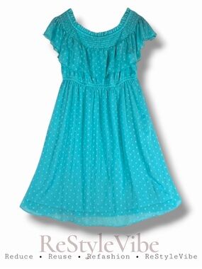 TORRID Women’s Size 00 10-12 Dress Polka Dot Aqua Sheer Lined Off Shoulder Style